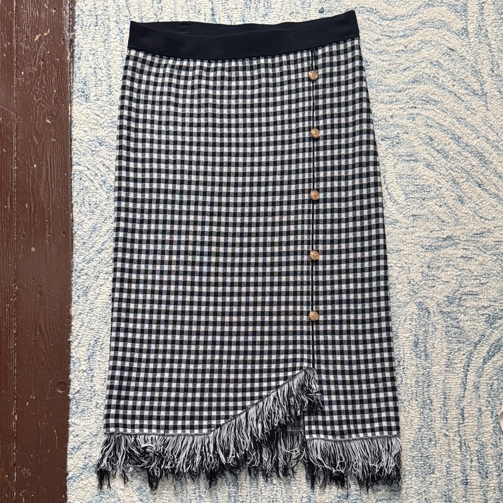 Nanette Lepore black and white checkered fringe, midi skirt, gold buttons XL
